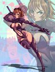  albert_park angry black_eyes blue_eyes breasts brown_hair cleavage copyright_request curvy goggles gun knife large_breasts navel ninja orange_hair reverse_grip ringed_eyes shadow sheath short_hair solo sword thick_thighs thighs unsheathing weapon wide_hips zoom_layer 