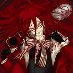  \n/ blood bow chainsaw glasses gloves grell_sutcliff hideandseek kuroshitsuji long_hair male_focus red_hair sharp_teeth solo teeth 