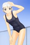  chain-link_fence copyright_request fence one-piece_swimsuit school_swimsuit solo swim_cap swimsuit takafumi 