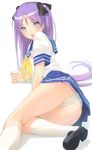  :o angry ass bad_id bad_pixiv_id blush frown hair_ribbon hiiragi_kagami kage_yuu kneehighs kneepits long_hair looking_back lucky_star lying on_side open_mouth panties pleated_skirt purple_hair ribbon ryouou_school_uniform school_uniform serafuku simple_background skirt socks solo thighs tsurime twintails underwear upskirt white_legwear yellow_neckwear 