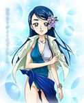  blue_eyes blue_hair blue_sarong butterfly_necklace cameltoe eyelashes flower iyou long_hair minazuki_karen one-piece_swimsuit open_clothes open_shirt precure sarong shirt solo swimsuit thigh_gap translation_request watch wristwatch yes!_precure_5 yukkyun 