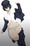  black_hair blending blush cabbie_hat hat panties persona persona_4 school_uniform shirogane_naoto short_hair solo striped striped_panties underwear undressing utamaro wide_hips yasogami_school_uniform 