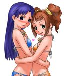  arms_around_waist bad_id bad_pixiv_id bell bikini blue_eyes blue_hair breast_press breasts brown_hair flat_chest green_eyes hug idolmaster idolmaster_(classic) idolmaster_1 jingle_bell kisaragi_chihaya long_hair midriff multiple_girls namine0079 small_breasts swimsuit symmetrical_docking takatsuki_yayoi twintails 