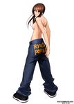  2007 baggy_pants black_eyes breasts brown_hair dated denim jeans looking_back medium_breasts original pants ryu_(ryu's_former_site) shoes sideboob smile solo topless white_background 