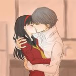  1girl amagi_yukiko black_hair couple gogono_pan'ya grey_hair hetero hug kiss long_hair narukami_yuu necktie persona persona_4 school_uniform shirt short_hair tiara white_shirt yasogami_school_uniform 