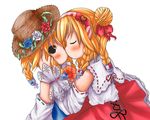  artist_request black_eyes blonde_hair blush braid closed_eyes detached_sleeves dress dual_persona hair_ribbon hairband hat kiss multiple_girls quad_tails ribbon selfcest sheep_(trickster) straw_hat trickster yuri 