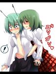  2girls :q androgynous antennae bad_id bad_pixiv_id blush female_pervert flat_chest green_hair kajiyama kazami_yuuka licking_lips multiple_girls open_clothes open_shirt pervert plaid plaid_skirt plaid_vest reverse_trap shirt short_hair skirt skirt_set tongue tongue_out touhou vest wriggle_nightbug you_gonna_get_raped yuri 