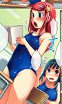  blank_speech_bubble blush book bosshi classroom competition_school_swimsuit competition_swimsuit desk lowres multiple_girls one-piece_swimsuit open_mouth original red_hair school_swimsuit speech_bubble surprised swimsuit translated 