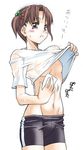  bike_shorts blush brown_eyes brown_hair copyright_request flat_chest navel nipples no_bra see-through shinama shirt_lift simple_background solo sweat tissue white_background wiping 