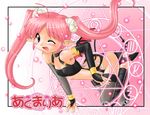  bat_wings bracelet choker copyright_request demon_tail elbow_gloves fang fingerless_gloves flat_chest gloves hase_yu horns jewelry one_eye_closed pink_hair pointy_ears red_eyes solo tail thighhighs wings 