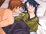  1girl bed blue_eyes blue_hair blush brown_hair game_cg grin imagawa_anko japanese_clothes lying open_mouth orion_(orionproject) pillow rance rance_(series) sengoku_rance smile 