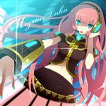  blue_eyes blue_nails headphones long_hair mami_(apsaras) megurine_luka midriff nail_polish pink_hair solo vocaloid 