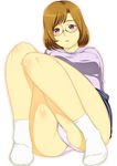  arm_support ass blush breasts brown_hair covered_nipples curvy glasses koube_an large_breasts original panties pantyshot purple_eyes semi-rimless_eyewear short_hair sitting socks solo sweat thick_thighs thighs under-rim_eyewear underwear wide_hips 