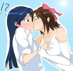  2girls amami_haruka blush breast_grab breasts elbow_gloves gloves grabbing guided_breast_grab idolmaster idolmaster_(classic) idolmaster_1 kisaragi_chihaya kiss multiple_girls sleeves_rolled_up surprise_kiss surprised willwind30 yuri 