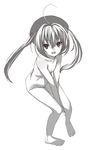  ahoge barefoot feet flat_chest greyscale hat marron_(quiz_magic_academy) monochrome nude quiz_magic_academy solo twintails yada_ei 