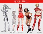  abs arms_behind_back black_hair blonde_hair boots breasts butcha-u cleavage dark_skin engrish glasses hand_on_hip large_breasts medium_breasts midriff multiple_girls personification ranguage red_hair short_hair silver_hair tenga tengirl 