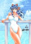  bathing_suit bow breasts cloud hair_bow hair_ribbon highleg highleg_swimsuit large_breasts long_hair looking_at_viewer ocean one-piece one-piece_swimsuit outdoors pier ribbon sakura sakura_taisen shinguuji_sakura sky smile solo swimsuit 