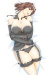  bad_id bad_pixiv_id black_panties breasts brown_hair copyright_request corset curvy doguu_(artist) elbow_gloves garter_belt glasses gloves highres huge_breasts lingerie lying panties red_eyes solo underwear 