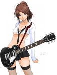  blue_eyes breasts brown_hair cleavage copyright_request duplicate guitar instrument medium_breasts miniskirt necktie ryouzou shirt simple_background skirt solo thighhighs tied_shirt underboob 