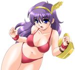  athena_(series) bikini blue_eyes breasts cleavage curvy highres hips large_breasts long_hair navel open_mouth princess_athena purple_hair red_bikini shield snk solo swimsuit thighs toushi_ryoku wide_hips 