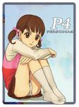  artist_request bow brown_eyes brown_hair doujima_nanako frown hair_bow panties pantyshot pantyshot_(sitting) persona persona_4 short_hair short_twintails sitting skirt socks solo twintails underwear white_panties 