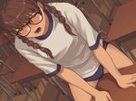  artist_request blush braid brown_hair buruma classroom crotch_rub desk dutch_angle game_cg glasses gym_uniform hair_over_shoulder masturbation nanase_ruo real_intention school_desk solo table_sex twin_braids twintails 