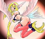  ass blonde_hair blue_eyes blush duel_monster hairband harpie_girl harpy monster_girl tail tail_feathers talons thighhighs wings wink yu-gi-oh! 