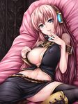  :p bare_shoulders blue_eyes blue_nails boots breasts cleavage covered_nipples headphones highres knee_boots large_breasts long_hair megurine_luka midriff nail_polish nipples pink_hair solo thighhighs tongue tongue_out uni8 vocaloid 