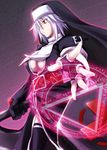  black_legwear breasts cleavage cleavage_cutout fingerless_gloves gloves habit m.u.g.e.n magic_circle medium_breasts no_bra nun nyal_lathotep ouma_tokiichi red_eyes scythe short_hair silver_hair solo thighhighs triangle 