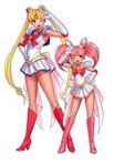  2girls bishoujo_senshi_sailor_moon blonde_hair blue_eyes boots chibi_usa double_bun double_buns elbow_gloves gloves knee_boots miniskirt multiple_girls pink_hair red_eyes ryu_(artist) ryu_(ryu's_former_site) sailor_chibi_moon sailor_fuku sailor_moon salute school_uniform serafuku short_skirt skirt standing tsukino_usagi twintails wink 