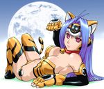  :3 android animal_ears bell bell_collar bikini_bottom blue_hair breasts cat cat_ears cleavage collar earth elbow_gloves full_moon gloves kos-mos large_breasts long_hair lying moon on_back paws pink_eyes solo strapless tail thighhighs tubetop ueyama_michirou xenosaga 