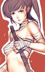  bandages bare_shoulders brown_hair copyright_request fumio_(rsqkr) katana sarashi solo strap sword weapon 