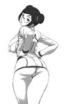  ass backboob bra breasts covered_nipples curvy double_bun from_behind glasses greyscale hands_on_hips highres holon huge_breasts lingerie looking_back monochrome nishitsuki_tsutomu open_clothes open_shirt panties real_drive shirt sideboob solo underwear 