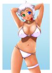  animal_ears armpits bad_id bad_pixiv_id bell bell_collar bikini breasts collar heterochromia huge_breasts legband original shiba_(pixiv244) short_hair solo swimsuit white_hair 