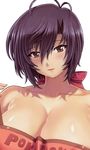  apron blush breasts cleavage copyright_request covered_nipples curvy huge_breasts mogudan mole mole_under_eye purple_hair ribbon solo 
