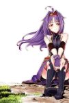  1girl absurdres ayukan. fingerless_gloves gloves grass highres long_hair looking_at_viewer pointy_ears portrait purple_hair red_eyes sitting smile solo sword_art_online thighhighs yuuki_(sao) 