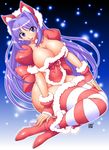  breasts christmas kenix large_breasts long_hair original purple_eyes purple_hair solo striped thighhighs 