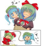  &gt;_&lt; :3 :d bad_id bad_pixiv_id bdsm blindfold bondage bound chibi closed_eyes comic front_ponytail gag gagged green_hair hair_bobbles hair_ornament kagiyama_hina kawashiro_nitori multiple_girls open_mouth rope silent_comic smile spinning tied_up touhou two_side_up xd yuuma_(pumpkin) 