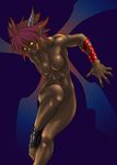  artist_request barefoot breasts dark_skin demon_girl horns jpeg_artifacts large_breasts muscle nude ofuda original pink_hair pointy_ears purple_hair red_hair short_hair simple_background slit_pupils solo toned wings yellow_eyes 