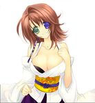  breasts brown_hair cleavage final_fantasy final_fantasy_x green_eyes heterochromia japanese_clothes kimono kumatora_tatsumi large_breasts lowres open_clothes purple_eyes smile solo white_background yuna_(ff10) 