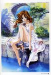  absurdres ankle_lace-up artbook bare_legs bare_shoulders barefoot blush breasts brown_hair cleavage cross-laced_footwear dress green_eyes hand_on_own_knee highres leaf leg_up legs light_smile long_hair long_legs looking_at_viewer medium_breasts mew_(words_worth) nature no_panties outdoors rin-sin sandals scan shoes shoes_removed single_shoe sitting solo stairs sundress water wind words_worth 