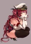  1girl azur_lane bangs black_ribbon breasts chains cleavage elbow_gloves eyebrows_visible_through_hair garter_straps gloves hair_ribbon hat honolulu_(azur_lane) kirisato_itsuki large_breasts peaked_cap red_eyes red_hair ribbon solo thighhighs twintails white_gloves white_hat 