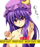 blush breast_squeeze breasts cleavage crescent hair_ribbon hat long_hair medium_breasts mukyuu patchouli_knowledge purple_hair ribbon shin-mottie solo topless touhou 