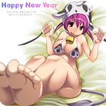  animal_print barefoot bell bikini breasts cleavage cow_bell cow_girl cow_print cow_tail feet highres large_breasts new_year original purple_hair red_eyes short_hair sigetch smile soles solo suction_cups swimsuit tail 