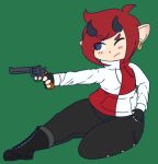  2019 blush boots clothed clothing demon devlyn_(tinydemon) digital_media_(artwork) ear_piercing erina_duval female flat_chested footwear gun hair handgun holding_object holding_weapon hoodie horn humanoid mammal piercing pointy_ears ranged_weapon short_stack simple_background sliding solo tinydemon weapon wide_hips 