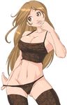  bokuman breasts brown_eyes brown_hair cleavage contrapposto copyright_request finger_in_mouth finger_licking large_breasts licking lips solo standing thighhighs 
