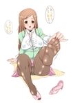  amatsuka_miharu baby_princess bad_id bad_pixiv_id breasts brown_hair covered_nipples crotch_seam feet green_eyes haba_hirokazu large_breasts long_hair panties panties_under_pantyhose pantyhose pantyhose_pull pantyshot shoes single_shoe solo translation_request underwear upskirt 