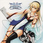  album_cover artist_request asymmetrical_clothes blazblue blonde_hair breasts copyright_name cover green_eyes headphones logo long_hair necktie noel_vermillion official_art scan single_thighhigh small_breasts solo tattoo thighhighs 