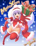  breasts christmas kenix large_breasts no_panties original purple_eyes purple_hair santa_costume smile solo thighhighs underboob 