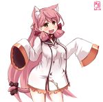  1girl akashi_(azur_lane) akashi_(azur_lane)_(cosplay) akashi_(kantai_collection) alternate_costume animal_ears artist_logo azur_lane black_bow blush bow breasts cat_ears cat_tail choker commentary_request cosplay cowboy_shot dated dress green_eyes hair_between_eyes hair_ribbon highres kanon_(kurogane_knights) kantai_collection large_breasts long_hair long_sleeves looking_at_viewer namesake open_mouth pink_hair revision ribbon ribbon_choker sailor_dress screwdriver signature simple_background sleeves_past_fingers sleeves_past_wrists solo tail tail_ribbon tress_ribbon white_background white_dress 